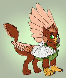 Size: 1280x1496 | Tagged: safe, artist:malinraf1615, imported from derpibooru, oc, oc only, oc:pavlos, griffon, bandage, colored wings, gradient background, male, solo, two toned wings, wings