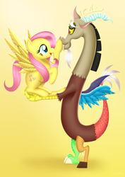 Size: 2480x3508 | Tagged: safe, artist:leonkay, imported from derpibooru, discord, fluttershy, draconequus, pony, boop, cute, daaaaaaaaaaaw, duo, duo male and female, female, gradient background, male, shyabetes, weapons-grade cute