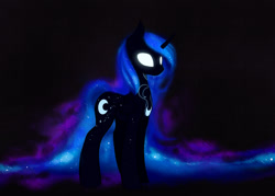 Size: 1600x1147 | Tagged: safe, artist:magnaluna, imported from derpibooru, princess luna, alicorn, pony, ethereal mane, ethereal tail, female, folded wings, glowing, glowing eyes, horn, mare, solo, tail, wings