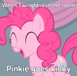 Size: 446x440 | Tagged: safe, artist:trrrebleee, edit, edited screencap, imported from derpibooru, screencap, pinkie pie, earth pony, pony, equestria games (episode), caption, cropped, implied twilight sparkle, kinkie pie, meme, solo, text