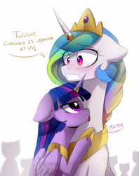 Size: 2486x3145 | Tagged: safe, artist:magnaluna, imported from derpibooru, princess celestia, twilight sparkle, alicorn, pony, blushing, crown, cute, cutelestia, dialogue, duo, duo female, embarrassed, eye clipping through hair, eyebrows, eyebrows visible through hair, female, floppy ears, folded wings, high res, hoof shoes, horn, horn jewelry, horn ring, jewelry, lesbian, licking, mare, neck licking, peytral, princess shoes, regalia, ring, shipping, teeth, tongue out, twiabetes, twilestia, twilight sparkle (alicorn), wings