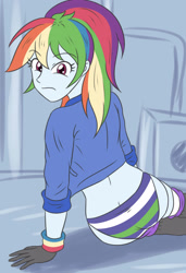 Size: 1876x2750 | Tagged: safe, artist:sumin6301, imported from derpibooru, rainbow dash, human, equestria girls, alternate hairstyle, ass, butt, clothes, eyebrows, eyebrows visible through hair, female, frown, gloves, high res, jacket, looking at you, looking back, looking back at you, panties, ponytail, rainbutt dash, sitting, solo, striped underwear, underwear