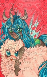 Size: 1086x1780 | Tagged: safe, artist:fukuroti, imported from derpibooru, queen chrysalis, oc, oc:fluffle puff, changeling, changeling queen, pony, :p, duo, female, heart, looking at you, on top, tongue out, traditional art