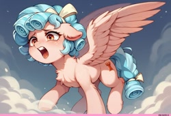 Size: 1152x782 | Tagged: prompter needed, safe, imported from derpibooru, cozy glow, pegasus, pony, ai content, ai generated, female, open mouth, sky background, solo