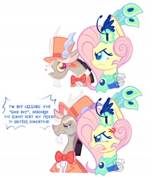 Size: 2021x2369 | Tagged: safe, artist:acid-fangs, imported from derpibooru, discord, fluttershy, draconequus, pegasus, pony, make new friends but keep discord, 2 panel comic, black hair, blue eyelashes, blue pupils, blue text, bowtie, clothes, colored eyebrows, colored eyelashes, colored pinnae, colored pupils, colored sclera, comic, cross-popping veins, crying, dialogue, discoshy, dress, duo, duo male and female, emanata, eyes closed, fascinator, female, floating heart, frown, gala, gala dress, gala outfit, hat, heart, heart eyes, high res, horns, i'm not calling you good boy, implied tree hugger, long ears, looking at someone, male, mare, meme, mismatched horns, open frown, open mouth, peacock feathers, pink mane, profile, scarf, shipping, simple background, smiling at someone, speech bubble, straight, suit, teal eyes, teeth, text, top hat, two toned eyes, watermark, white background, wingding eyes, yelling, yellow coat, yellow sclera