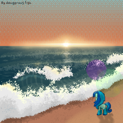 Size: 1270x1270 | Tagged: safe, artist:dangerous fish, imported from derpibooru, oc, oc only, oc:wave chaise, pony, pony town, artfight, atmosphere, base, beach, blue mane, digital art, female, female focus, mare, ocean, pixel art, sand, shadow, solo, solo focus, summer, sun, sunset, water, wave