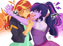 Size: 1440x1057 | Tagged: safe, artist:inkrred, imported from derpibooru, sci-twi, sunset shimmer, twilight sparkle, human, equestria girls, blushing, female, heart, lesbian, sci-twishimmer, shipping, sunsetsparkle