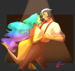 Size: 1700x1600 | Tagged: safe, artist:btanimator, imported from derpibooru, king sombra, princess celestia, human, celestibra, clothes, dancing, dress, duo, duo male and female, ethereal hair, ethereal mane, eyes closed, female, high heels, holding hands, humanized, laughing, lipstick, looking at each other, looking at someone, male, necktie, open mouth, pants, raised leg, shipping, shirt, shoes, smiling, smiling at each other, sparkles, spotlight, straight, suspenders