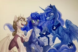 Size: 3575x2421 | Tagged: safe, artist:owlclare, imported from derpibooru, princess luna, oc, oc:draconis taaldis, oc:star reader, alicorn, pegasus, pony, birthday, blushing, chest fluff, clothes, present, shirt, traditional art, trio, unshorn fetlocks