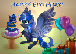 Size: 2866x2014 | Tagged: safe, artist:twilightwolf91, imported from derpibooru, princess luna, oc, oc only, oc:star reader, pegasus, pony, balloon, birthday, birthday cake, cake, food, present, solo