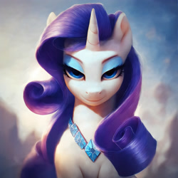 Size: 2880x2880 | Tagged: safe, imported from derpibooru, rarity, unicorn, ai content, ai generated, blurry background, front view, generator:pony diffusion v6 xl, generator:stable diffusion, horn, jewelry, long hair, looking at you, necklace, prompt in description, prompter:derp621, sky background, solo