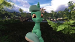 Size: 1920x1080 | Tagged: safe, artist:ports2005, imported from derpibooru, lyra heartstrings, pony, 3d, bridge, bush, cloud, female, flower, flower in hair, gmod, happy, hill, river, scenery, sitting, sky, solo, tree, water