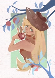 Size: 2480x3508 | Tagged: safe, artist:jinyikou, imported from derpibooru, applejack, human, apple, apple tree, food, humanized, looking at you, looking back, looking back at you, passepartout, solo, tree