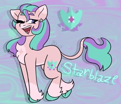 Size: 1260x1080 | Tagged: safe, artist:basil, artist:dj axel, imported from derpibooru, oc, oc only, oc:starblaze, earth pony, pony, abstract background, blue eyes, chest fluff, chest marking, coat markings, colored belly, colored eartips, colored fetlocks, colored hooves, commissioner:prixy05, cutie mark, ear piercing, earring, eyelashes, female, fusion, fusion:hitch trailblazer, fusion:starlight glimmer, g5, glowing text, hooves, jewelry, leonine tail, looking back, mare, mismatched eyebrows, not starlight glimmer, one eye closed, open mouth, open smile, pale belly, piercing, pink coat, purple background, signature, simple background, smiling, socks (coat markings), solo, striped tail, tail, tail markings, teal hooves, teeth, thick eyelashes, thin, thin tail, two toned ears, two toned mane, two toned tail, unshorn fetlocks, wall of tags, white text, wink, zoom layer