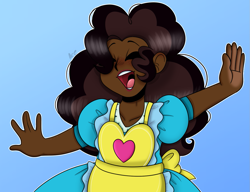 Size: 1401x1074 | Tagged: safe, artist:basil, artist:dj axel, imported from derpibooru, pinkie pie, human, apron, blue background, blue dress, blush lines, blushing, brown hair, clothes, commissioner:prixy05, curly hair, dark skin, dress, eyes closed, female, frilly dress, gradient background, halfbody, human coloration, humanized, lipstick, long hair, natural hair color, open mouth, open smile, raised arms, red lipstick, shiny hair, simple background, smiling, solo, two toned hair