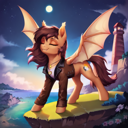 Size: 1024x1024 | Tagged: safe, imported from derpibooru, bat pony, pony, ai content, ai generated, bomber jacket, cliff, clothes, eyes closed, female, full moon, generator:stable diffusion, jacket, leather, leather jacket, lighthouse, moon, night, prompter:lost conn, seaside, solo, solo female, spread wings, wings