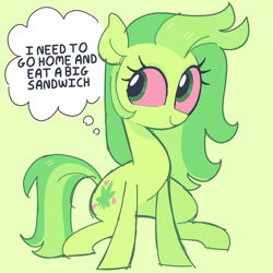 Size: 5000x5000 | Tagged: safe, imported from derpibooru, oc, oc only, earth pony, pony, bloodshot eyes, colored sketch, doodle, drugs, green background, green eyes, marijuana, munchies, simple background, sitting, sketch, solo, thinking, thought bubble