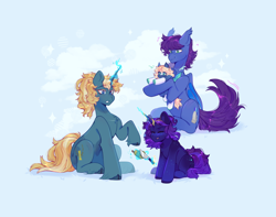 Size: 3800x3000 | Tagged: safe, artist:cofiiclouds, imported from derpibooru, oc, oc only, oc:keygun, oc:maple parapet, oc:meridian, oc:serene steppe, bat pony, pony, unicorn, abstract background, bat pony oc, bat wings, body freckles, chest fluff, cloven hooves, colored eyelashes, colored hooves, excitement, family, father and child, father and daughter, female, female oc, fetlock tuft, filly, filly oc, foal, food, freckles, high res, holding a pony, hooves, horn, knife, learning, leg freckles, male, male oc, mare, mare oc, mother and child, mother and daughter, pear, scar, shiny hooves, shiny mane, shiny tail, stallion, stallion oc, struggling, two toned magic, unicorn oc, watermark, wingding eyes, wings, yellow eyelashes