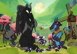 Size: 1414x1000 | Tagged: safe, artist:zetikoopa, imported from derpibooru, ahuizotl, pony of shadows, ahuizotl (species), dog, shadow pony, them's fightin' herds, bridge, community related, cute, duo, male, puppy, sheep dog, tree, windmill