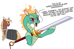 Size: 2400x1600 | Tagged: safe, artist:thescornfulreptilian, imported from derpibooru, oc, oc:sila, dragon, horse, hybrid, longma, them's fightin' herds, community related, simple background, sword, tianhuo (tfh), weapon, white background