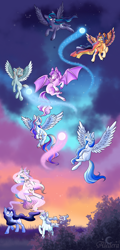 Size: 4000x8300 | Tagged: safe, artist:aledera, imported from derpibooru, oc, oc only, bat pony, pegasus, pony, unicorn, bat pony oc, bat wings, bracelet, eyes closed, flying, glasses, group, horn, horn ring, jewelry, looking at something, pegasus oc, ring, spread wings, unicorn oc, unshorn fetlocks, wings