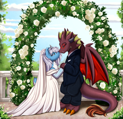 Size: 2557x2463 | Tagged: safe, artist:pridark, imported from derpibooru, oc, oc only, deer, dragon, boop, deer oc, dragon oc, marriage, non-pony oc, noseboop, oc x oc, shipping, wedding