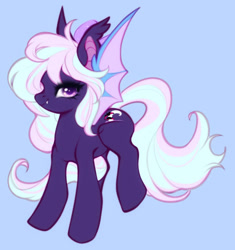 Size: 800x852 | Tagged: safe, artist:cabbage-arts, imported from derpibooru, oc, oc only, oc:hollow mist, bat pony, pony, artfight, bat pony oc, bat wings, blue background, bow, colored pinnae, colored pupils, colored wings, dhampir, ear tufts, eye clipping through hair, eyelashes, fangs, female, female oc, gift art, hair accessory, hair bow, long mane, long tail, looking back, mane accessory, mare, mare oc, pink bow, pjrple coat, purple eyes, purple pupils, raised leg, simple background, smiling, solo, spread wings, standing on three hooves, tail, thick eyelashes, two toned mane, two toned tail, two toned wings, wings