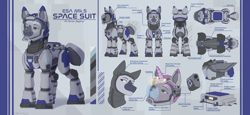 Size: 7486x3450 | Tagged: safe, artist:dorkmark, imported from derpibooru, oc, oc only, oc:orion zephyr, pegasus, pony, fanfic:somnambulance, astronaut, pegasus oc, reference sheet, space helmet, spacesuit, wings