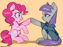 Size: 4096x3072 | Tagged: safe, artist:metaruscarlet, imported from derpibooru, maud pie, pinkie pie, earth pony, pony, clothes, female, high five, hooves up, looking at each other, looking at someone, open mouth, pie sisters, raised hoof, siblings, simple background, sisters, teeth, yellow background