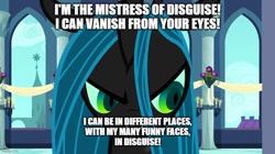 Size: 888x499 | Tagged: artist needed, safe, anonymous artist, edit, edited screencap, imported from derpibooru, screencap, queen chrysalis, changeling, changeling queen, a canterlot wedding, canterlot, caption, evil grin, female, grin, image macro, lazytown, master of disguise, meme, robbie rotten, room, singing, smiling, solo, solo female, song in the description, song parody, text, this day aria