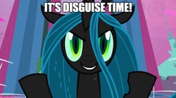 Size: 888x499 | Tagged: artist needed, safe, anonymous artist, edit, edited screencap, imported from derpibooru, screencap, queen chrysalis, changeling, changeling queen, a canterlot wedding, canterlot, caption, evil grin, female, grin, image macro, lazytown, master of disguise, meme, robbie rotten, room, singing, smiling, solo, solo female, song in the description, song parody, text