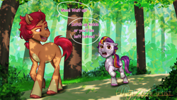 Size: 2560x1440 | Tagged: safe, artist:mythical artist, imported from derpibooru, oc, oc:sunspot, earth pony, pony, duo, duo female, female, filly, floppy ears, foal, forest, g5, looking back, mare, mother and child, mother and daughter, nature, open mouth, open smile, outdoors, raised hoof, raised leg, signature, smiling, sunny starscout's mother, tail, tree, unshorn fetlocks, walking, younger