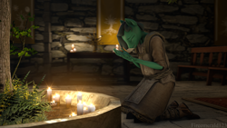 Size: 3840x2160 | Tagged: safe, artist:fireemerald123, imported from derpibooru, tree of harmony, oc, anthro, 3d, banner, candle, carpet, chair, church, clothes, kneeling, praying, solo, source filmmaker, stone wall, sæla, tree, watermark