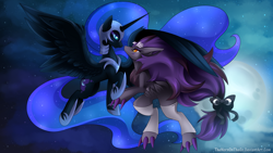 Size: 1920x1080 | Tagged: safe, artist:thenornonthego, imported from derpibooru, nightmare moon, alicorn, pony, zoroark, commission, crossover, crossover shipping, duo, duo female, ethereal mane, ethereal tail, eye contact, female, full moon, helmet, hoof shoes, horn, lesbian, looking at each other, looking at someone, mare, moon, peytral, pokémon, princess shoes, profile, shipping, side view, sky, smiling, smiling at each other, spread wings, stars, tail, wings