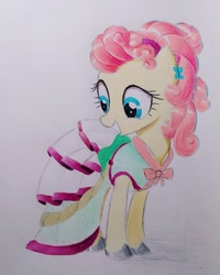 Size: 1905x2385 | Tagged: safe, anonymous artist, imported from derpibooru, fluttershy, pegasus, pony, alternate hairstyle, brooch, clothes, dress, jewelry, shoes, solo, traditional art