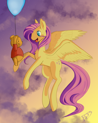 Size: 2000x2500 | Tagged: safe, artist:thenornonthego, imported from derpibooru, fluttershy, bear, pegasus, pony, balloon, crossover, duo, duo male and female, female, flying, high res, looking at someone, male, mare, open mouth, open smile, sky, smiling, spread wings, tail, wings, winnie the pooh