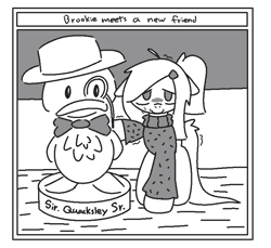 Size: 798x731 | Tagged: safe, artist:castafae, imported from derpibooru, oc, oc only, oc:babbling brook, bird, duck, earth pony, pony, bowtie, clothes, female, floppy ears, hairclip, hat, long tail, mare, monochrome, monocle, nervous, ponytail, shaking, solo, sweater, tail, text, top hat