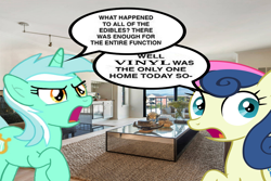 Size: 1920x1280 | Tagged: safe, artist:epicheavytf2, artist:pyrogaming, imported from derpibooru, bon bon, lyra heartstrings, sweetie drops, earth pony, pony, unicorn, absolutenutcase162, angry, background pony, conversation, couch, duo, duo female, female, horn, implied drug use, implied drugs, implied vinyl scratch, irl, living room, looking back, mare, meme, photo, shitposting, speech bubble, talking, text, wrong aspect ratio