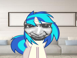 Size: 800x600 | Tagged: safe, artist:epicheavytf2, artist:pyrogaming, imported from derpibooru, dj pon-3, vinyl scratch, pony, unicorn, absolutenutcase162, ao oni, couch, female, high as a kite, high as fuck, horn, irl, living room, looking at you, mare, meme, photo, shitposting, solo, wrong aspect ratio