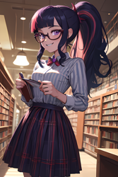 Size: 1280x1920 | Tagged: safe, imported from derpibooru, sci-twi, twilight sparkle, human, equestria girls, ai content, ai generated, breasts, female, human coloration, library, prompter:the-sanctuaire, solo