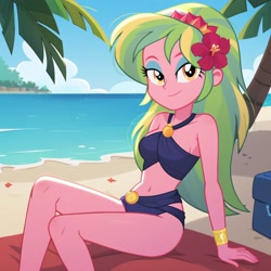 Size: 1024x1024 | Tagged: safe, imported from derpibooru, imported from twibooru, lemon zest, human, equestria girls, ai content, ai generated, beach, beach towel, clothes, cooler, female, flower, flower in hair, generator:pony diffusion v6 xl, generator:stable diffusion, golden eyes, ocean, palm tree, prompter:harvydraws, sand, show accurate, sitting, solo, solo female, swimsuit, tree, water