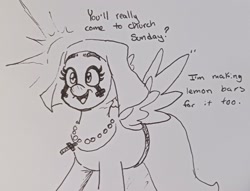 Size: 2048x1567 | Tagged: safe, artist:pony quarantine, imported from derpibooru, oc, oc only, oc:sister slappy, pegasus, pony, clown, cross, cross necklace, dialogue, female, grayscale, jewelry, mare, monochrome, necklace, nun, open mouth, open smile, pen drawing, smiling, solo, spread wings, traditional art, wings