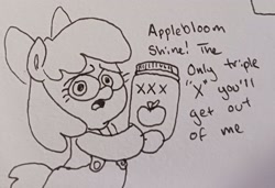 Size: 2048x1401 | Tagged: safe, artist:pony quarantine, imported from derpibooru, apple bloom, earth pony, pony, alcohol, clothes, dialogue, grayscale, hoof hold, monochrome, moonshine, overalls, pen drawing, solo, talking to viewer, traditional art