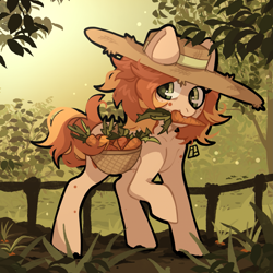 Size: 1919x1919 | Tagged: safe, artist:harald_horfager, imported from derpibooru, oc, oc only, earth pony, pony, basket, carrot, farm, food, hat, mouth hold, raised hoof, solo, straw hat