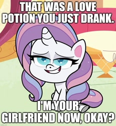 Size: 998x1080 | Tagged: safe, edit, edited screencap, imported from derpibooru, screencap, potion nova, unicorn, meet potion nova!, my little pony: pony life, bedroom eyes, bronybait, caption, female, horn, image macro, lidded eyes, love potion, mare, smiling, text, waifu