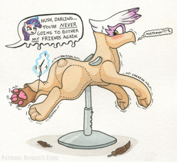 Size: 2004x1838 | Tagged: safe, artist:icaron, imported from derpibooru, gilda, rarity, griffon, pony, unicorn, bondage, cross-popping veins, emanata, encasement, female, horn, inanimate tf, mannequin, mannequin tf, petrification, sewing, speech bubble, transformation