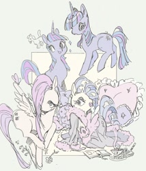 Size: 1217x1421 | Tagged: safe, artist:sofasofia, imported from derpibooru, fluttershy, rarity, twilight sparkle, pegasus, pony, unicorn, bathrobe, clothes, female, mare, open mouth, pillow, robe, unicorn twilight