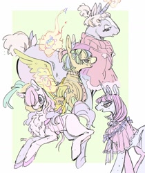 Size: 1211x1445 | Tagged: safe, artist:sofasofia, imported from derpibooru, oc, oc only, earth pony, pegasus, pony, unicorn, chest fluff, clothes, horn, open mouth