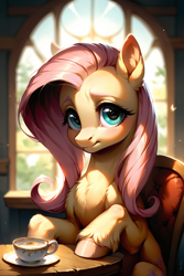 Size: 1280x1920 | Tagged: safe, imported from twibooru, fluttershy, pegasus, pony, ai content, ai generated, beautiful, blushing, cup, female, fluffy, image, looking at you, png, prompter:cunningstuntda, solo, solo female, teacup