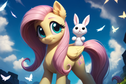 Size: 1920x1280 | Tagged: safe, imported from twibooru, fluttershy, pegasus, pony, rabbit, ai content, ai generated, animal, female, image, looking at you, png, prompter:cunningstuntda, riding, wings